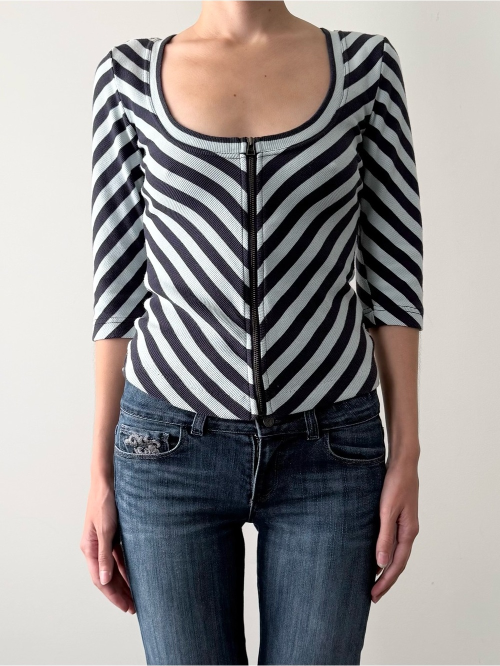 Maeve cotton blue striped 3/4 sleeve zip up top